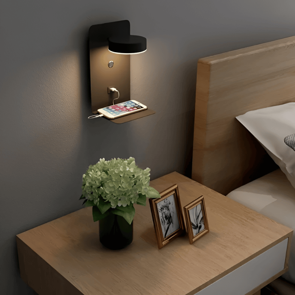 Aplique LED con Estante y USB – Lámpara de Pared de Aluminio-Bedside Lamps-Hogar88-Hogar88