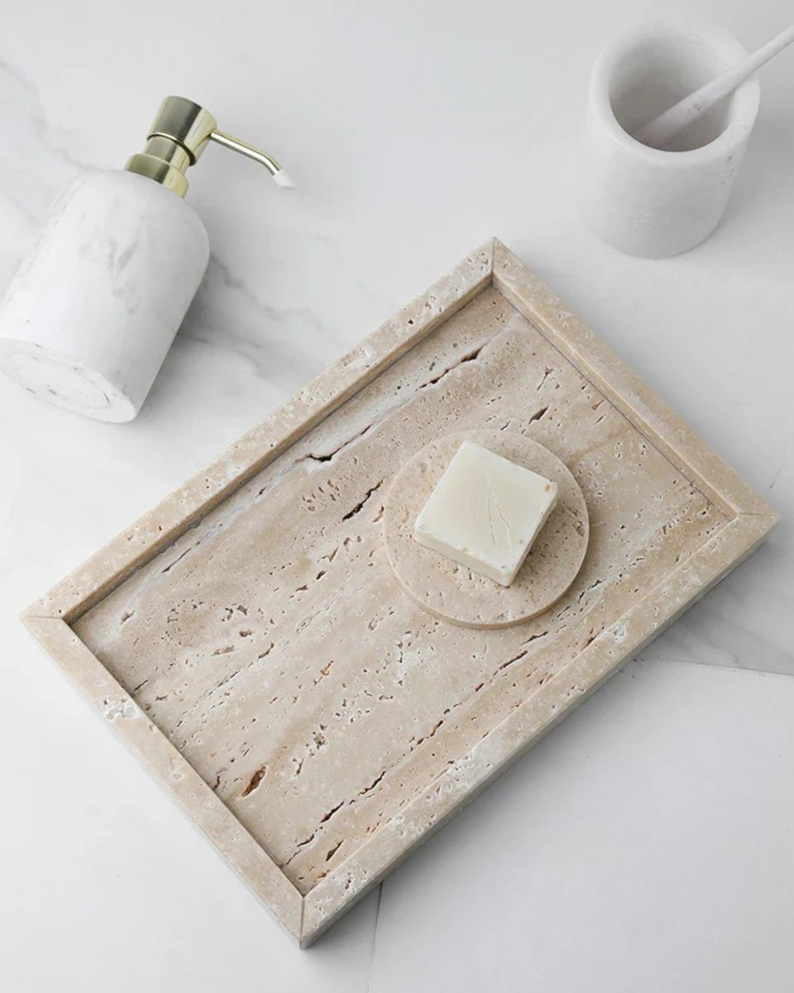 Bandeja de Baño de Mármol – Travertino Beige – Cosméticos y Jabón-Decorative Trays-Hogar88