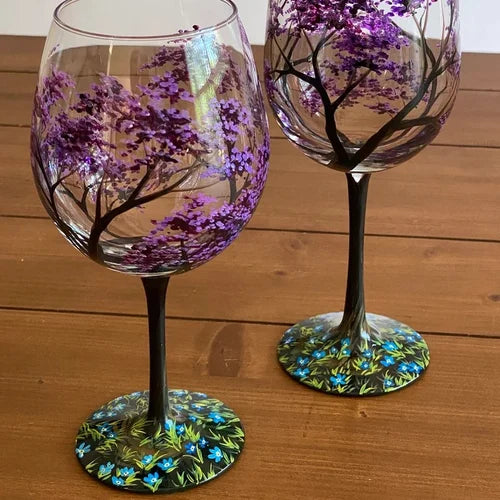Copas de Vino Árbol de las Cuatro Estaciones – Arte Pintado a Mano y Elegancia Natural-Home Decor-Hogar88-Hogar88
