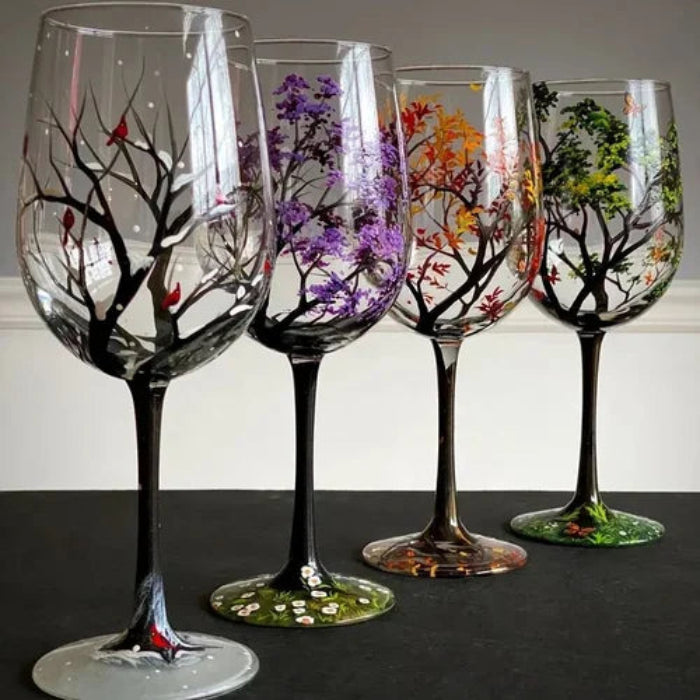Copas de Vino Árbol de las Cuatro Estaciones – Arte Pintado a Mano y Elegancia Natural-Home Decor-Hogar88-Hogar88