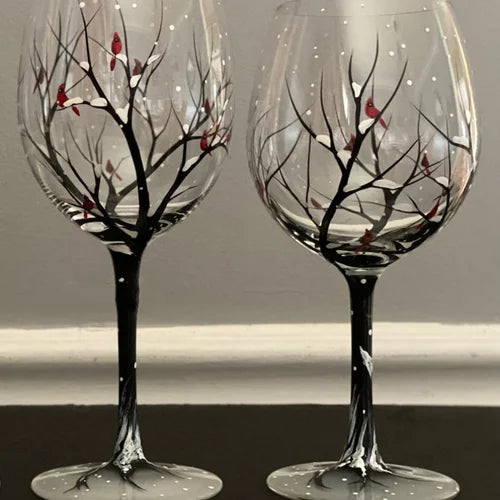 Copas de Vino Árbol de las Cuatro Estaciones – Arte Pintado a Mano y Elegancia Natural-Home Decor-Hogar88-Invierno-Vaso con Pie-Hogar88