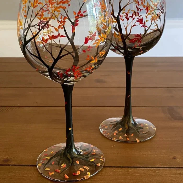 Copas de Vino Árbol de las Cuatro Estaciones – Arte Pintado a Mano y Elegancia Natural-Home Decor-Hogar88-Verano-Vaso con Pie-Hogar88