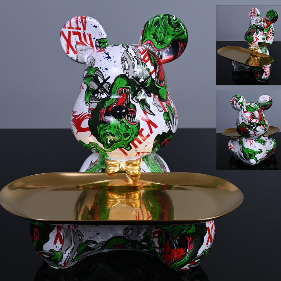 Figura Decorativa de Oso con Bandeja – Diseño Colorido y Decoración Funcional para el Hogar-Home Decor-Hogar88-Blanco y Verde-Hogar88