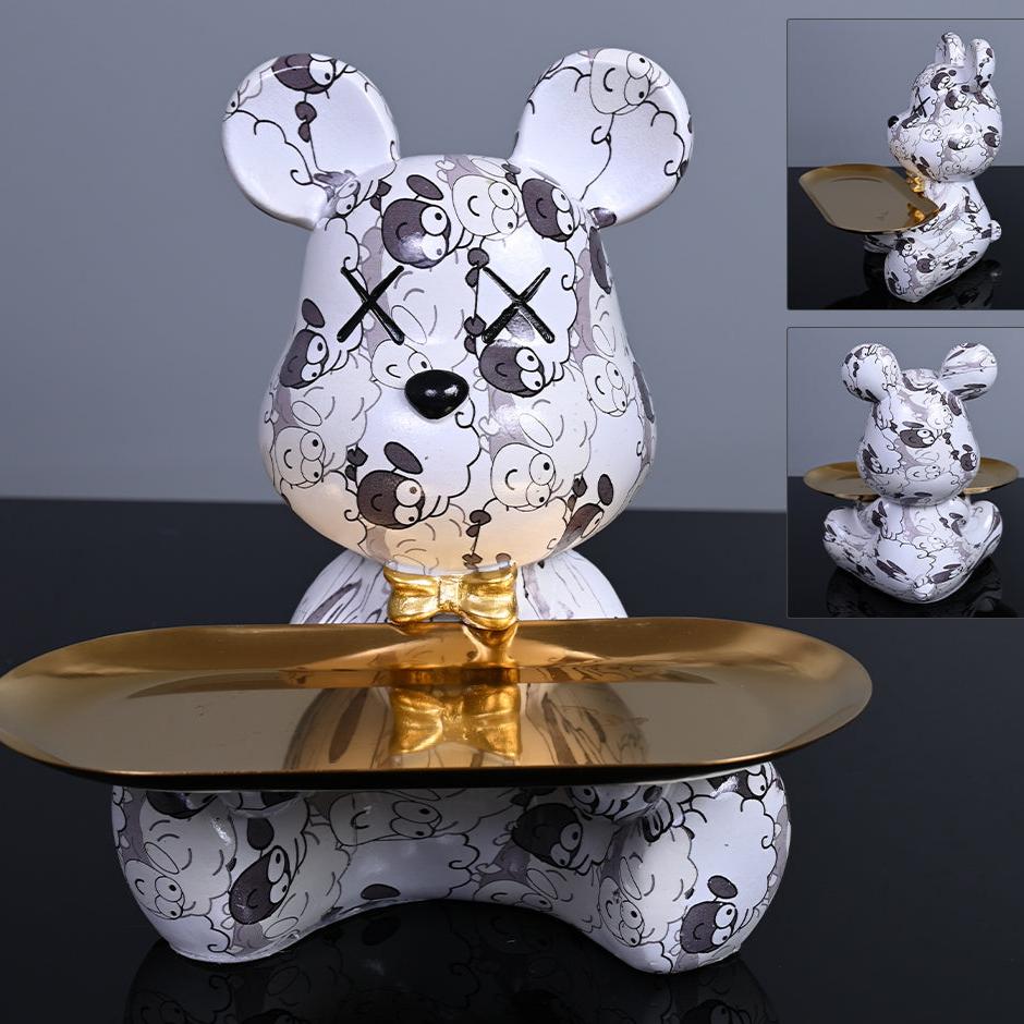 Figura Decorativa de Oso con Bandeja – Diseño Colorido y Decoración Funcional para el Hogar-Home Decor-Hogar88-Negro y Blanco-Hogar88