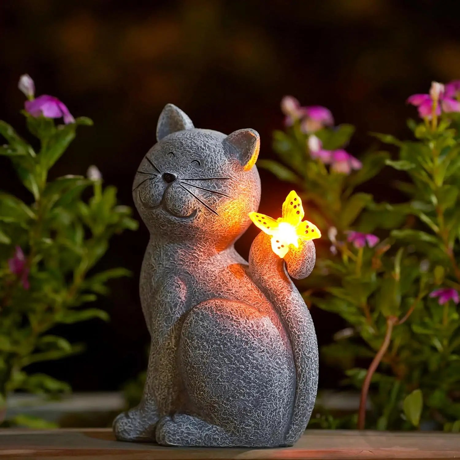 Figura Solar de Gato para Jardín – Luz Decorativa Nocturna con Mariposa-Garden Sculptures-Hogar88-Hogar88