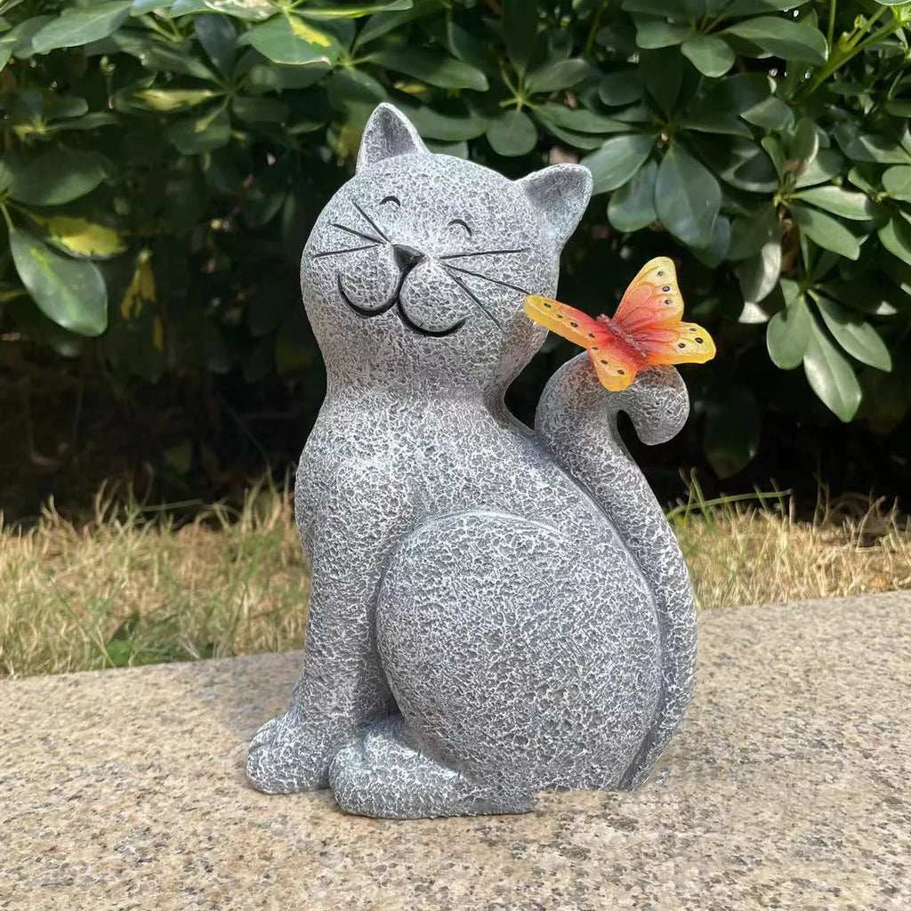 Figura Solar de Gato para Jardín – Luz Decorativa Nocturna con Mariposa-Garden Sculptures-Hogar88-Hogar88