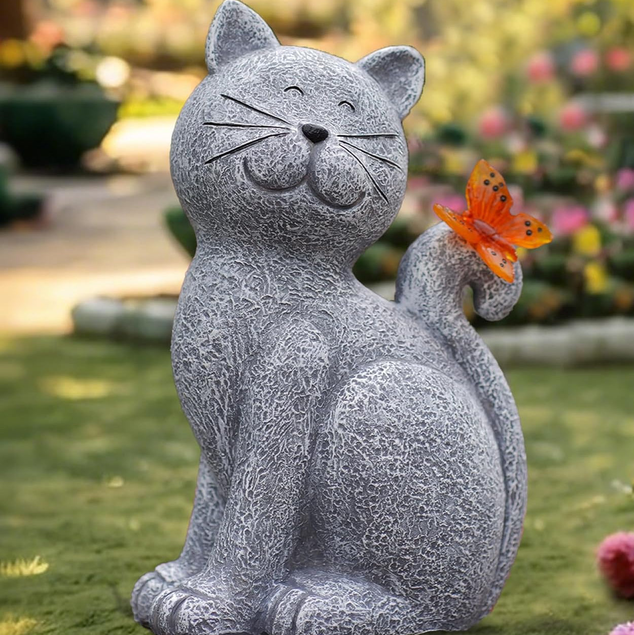 Figura Solar de Gato para Jardín – Luz Decorativa Nocturna con Mariposa-Garden Sculptures-Hogar88-Hogar88