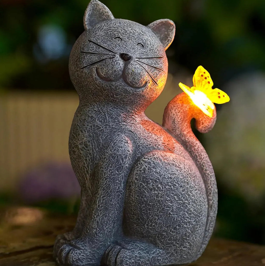 Figura Solar de Gato para Jardín – Luz Decorativa Nocturna con Mariposa-Garden Sculptures-Hogar88-Hogar88