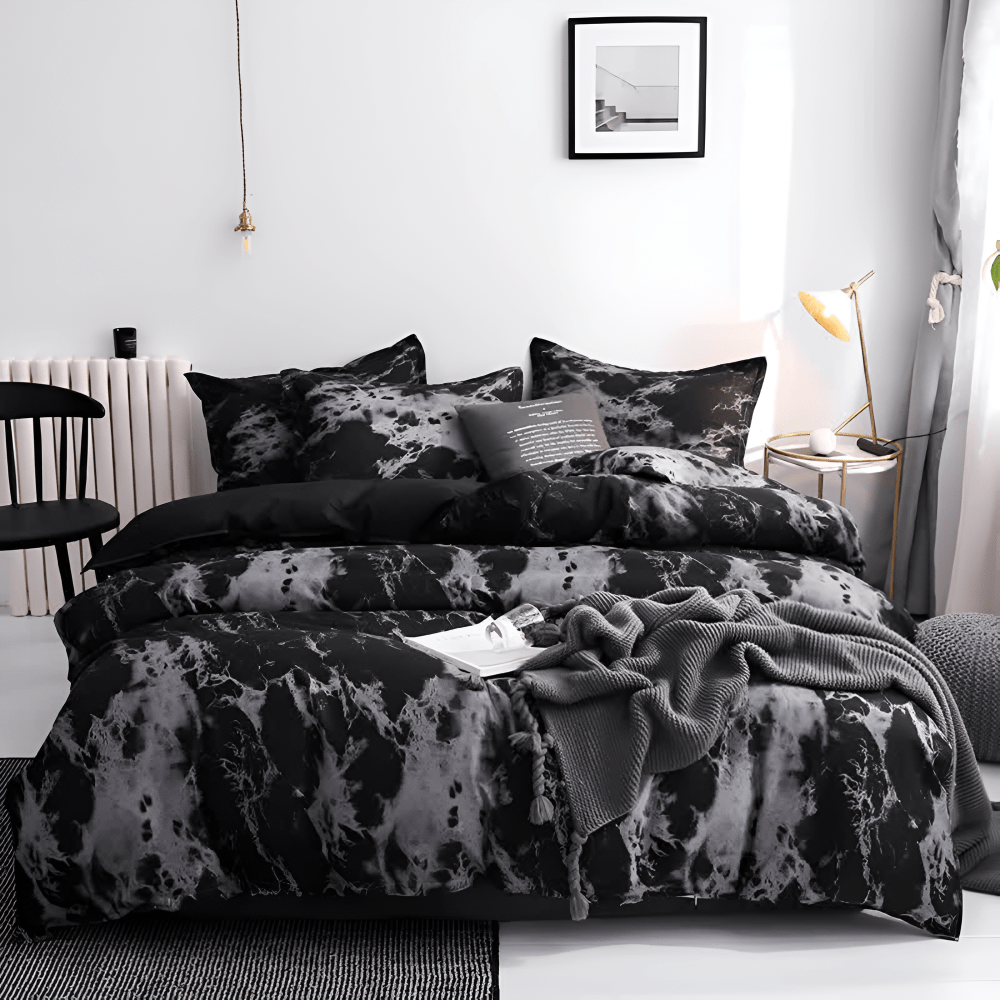 Juego de Ropa de Cama Mármol Negro Elegante – Diseño Moderno Sofisticado-Bedding Set-Hogar88-135×200 cm-Hogar88