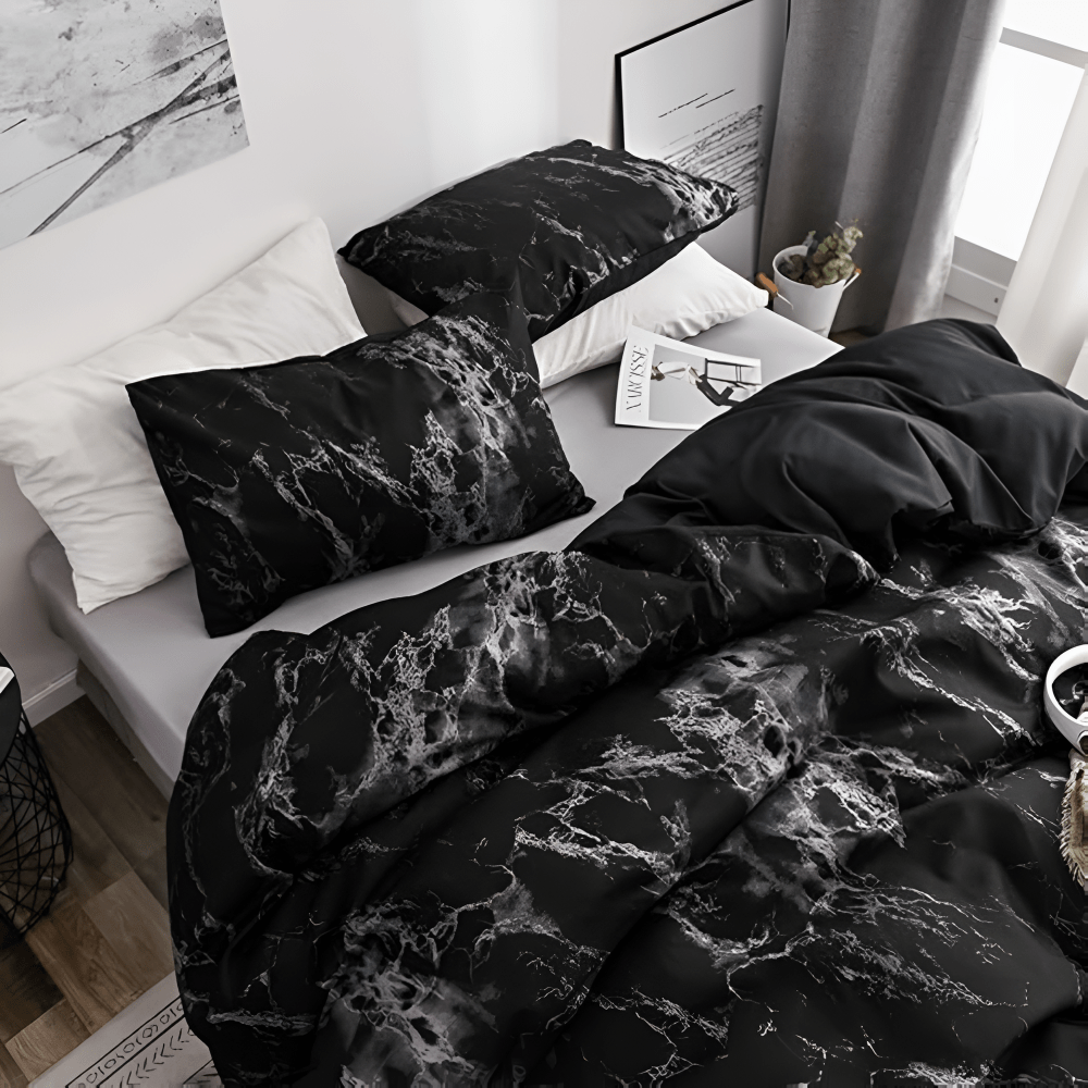 Juego de Ropa de Cama Mármol Negro Elegante – Diseño Moderno Sofisticado-Bedding Set-Hogar88-Hogar88