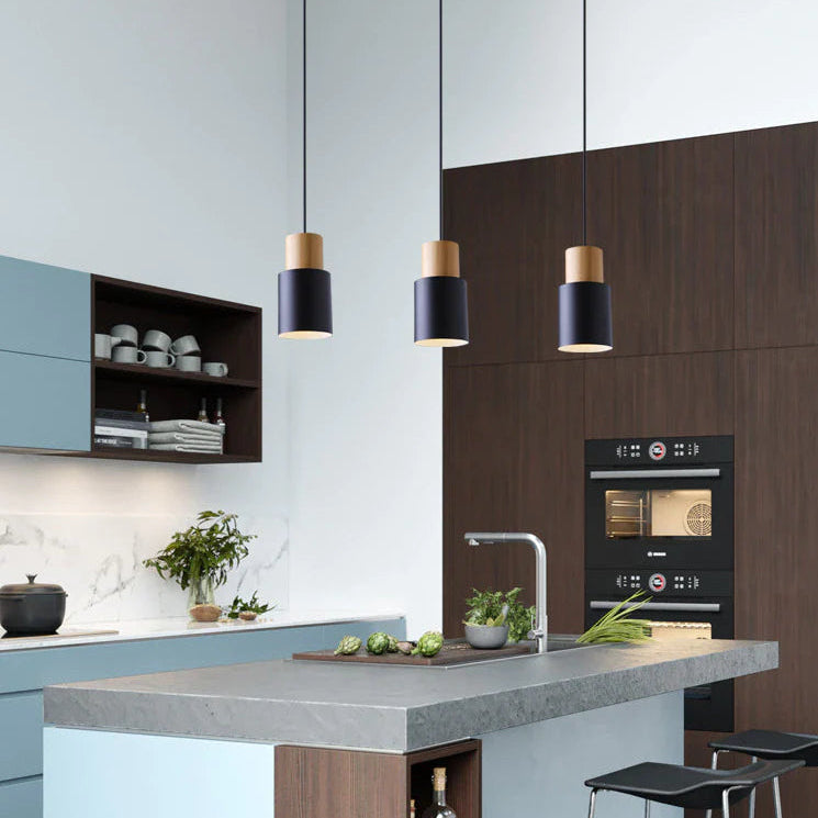 Lámpara Colgante Cilíndrica de Madera y Metal – Iluminación Moderna Elegante-Ceiling Light-Hogar88-Hogar88