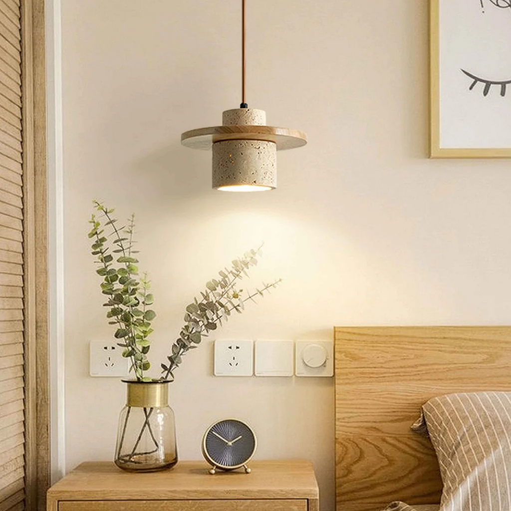 Lámpara Colgante de Travertino – Diseño Japandi con Luz Cálida-Ceiling Light Fixtures-Hogar88-Hogar88