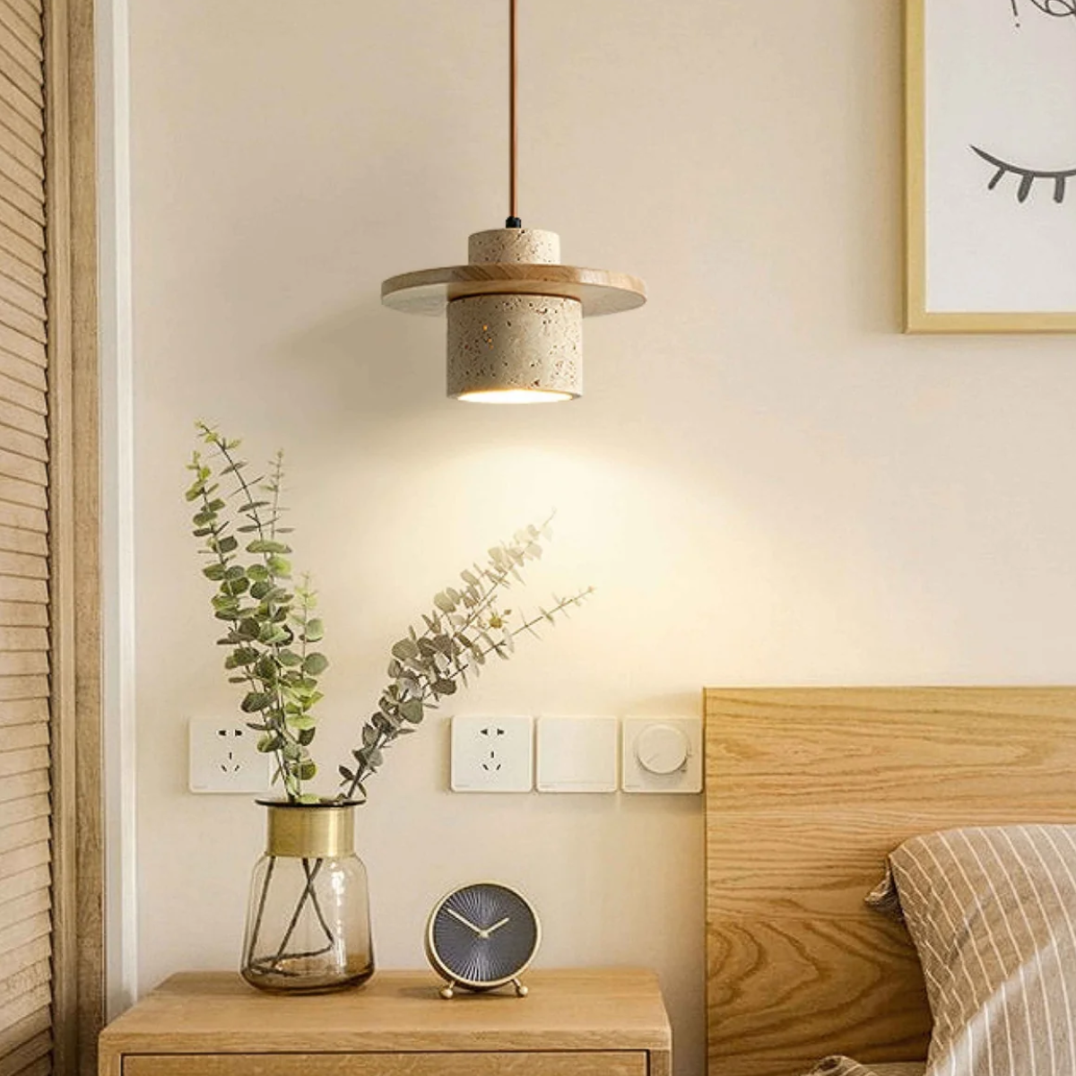 Lámpara Colgante de Travertino – Diseño Japandi con Luz Cálida-Ceiling Light Fixtures-Hogar88-Hogar88