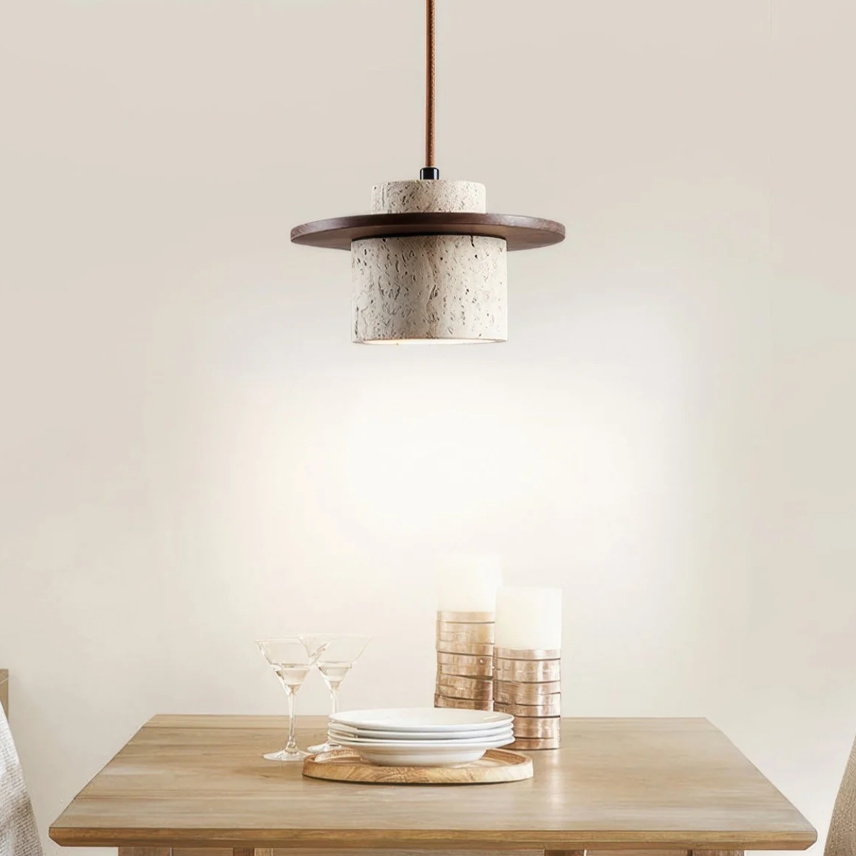 Lámpara Colgante de Travertino – Diseño Japandi con Luz Cálida-Ceiling Light Fixtures-Hogar88-Hogar88