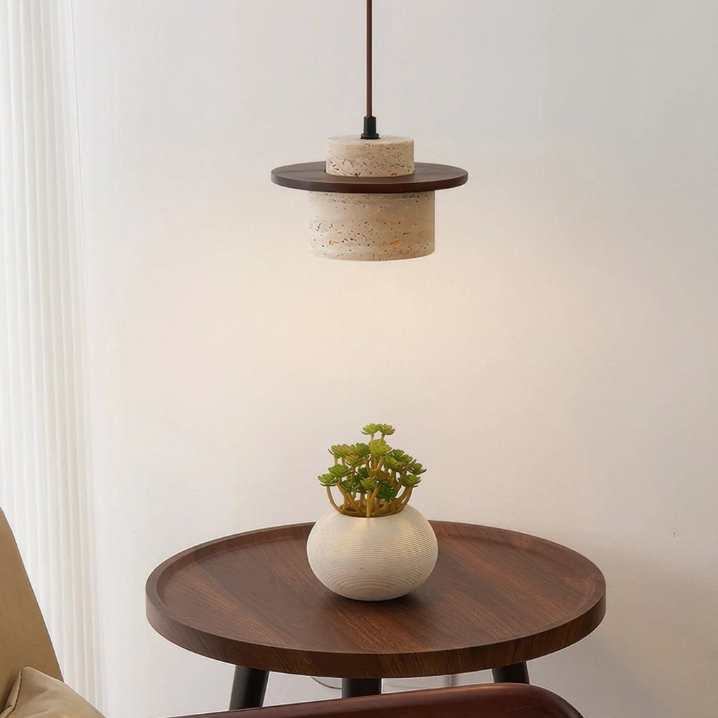 Lámpara Colgante de Travertino – Diseño Japandi con Luz Cálida-Ceiling Light Fixtures-Hogar88-Hogar88