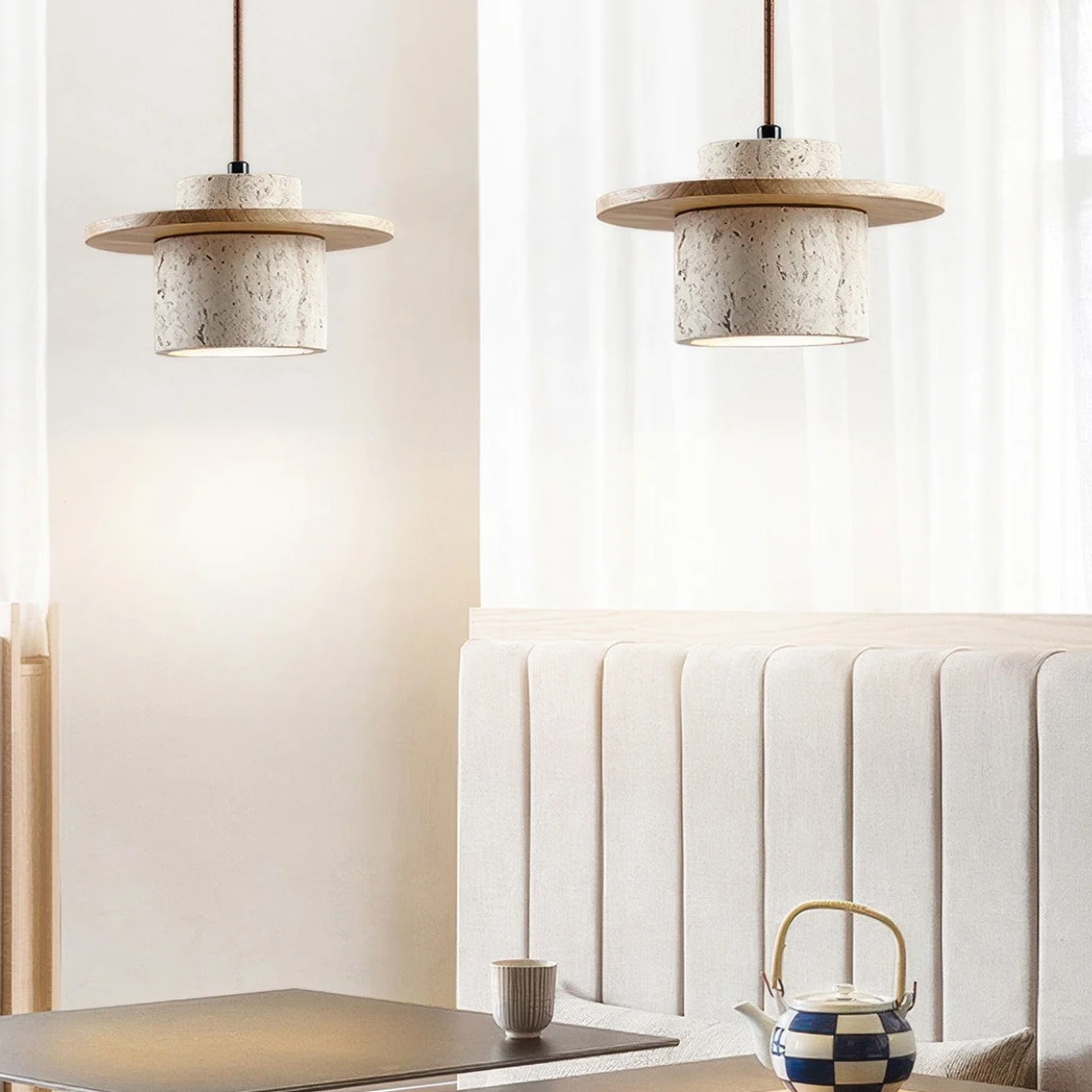 Lámpara Colgante de Travertino – Diseño Japandi con Luz Cálida-Ceiling Light Fixtures-Hogar88-Hogar88